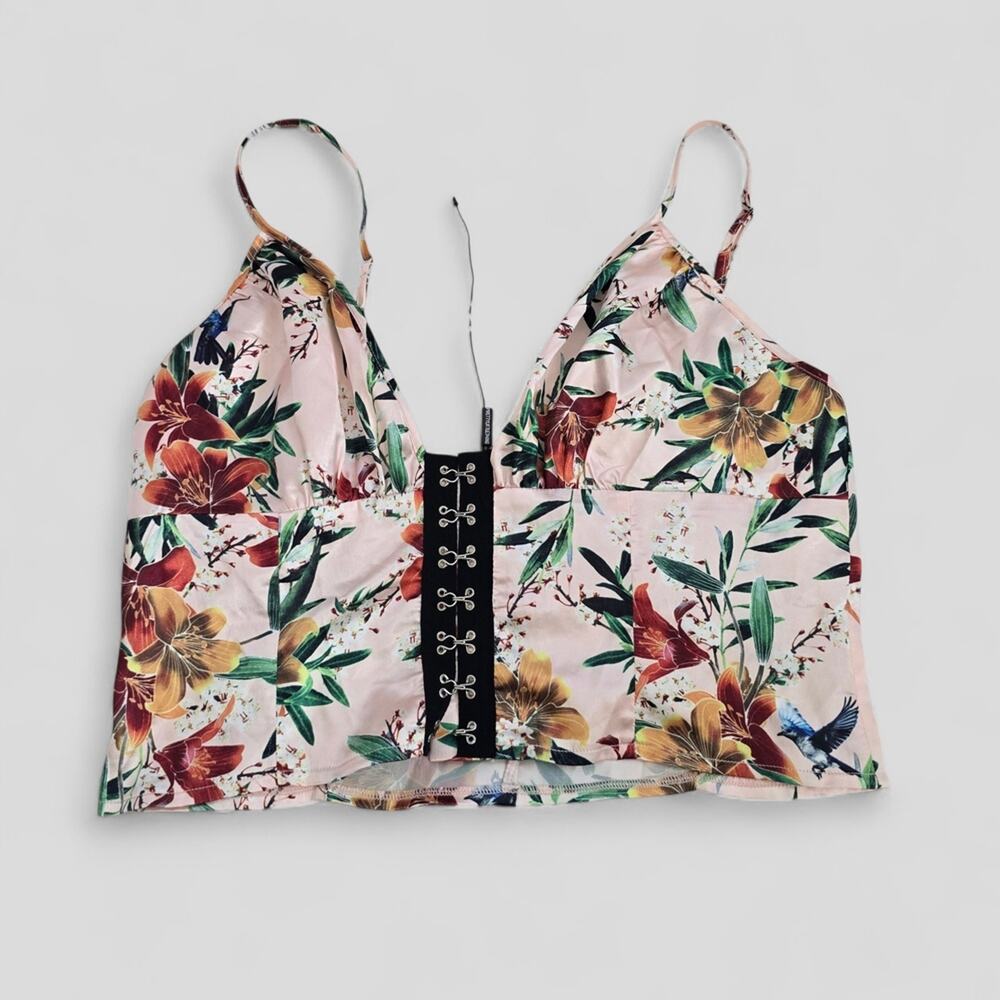 PrettyLittleThing Pink Floral Satin Cropped Fairycore Corset NWOT 10‎